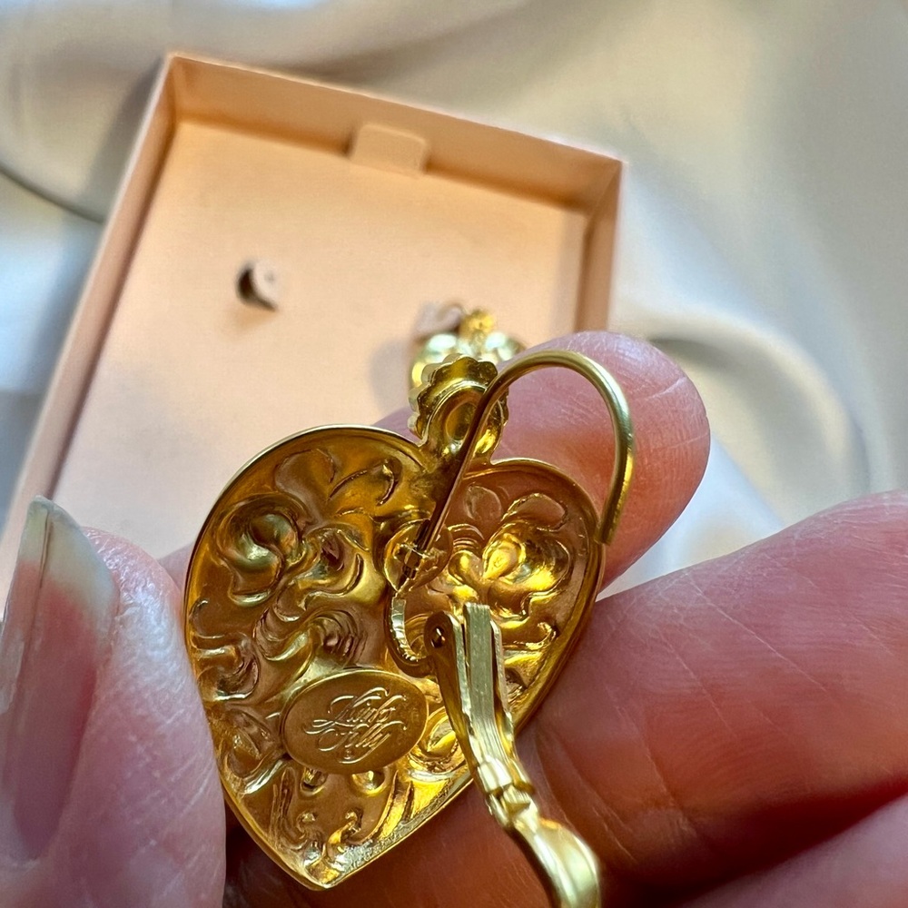 Kirk’s Folly, Beautiful Vtg Goldtone Heart Floral Earrings, ladybug, AB crystal - Picture 6 of 16